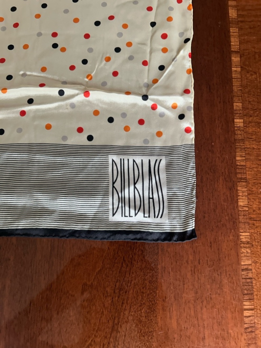 Bill Blass Ivory Silk Scarf with Red, Orange, Black and Light Gray Dots